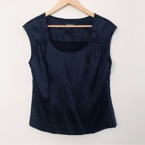 [Doncaster] Navy Silk Ruched Cap Sleeve Side Zip Top